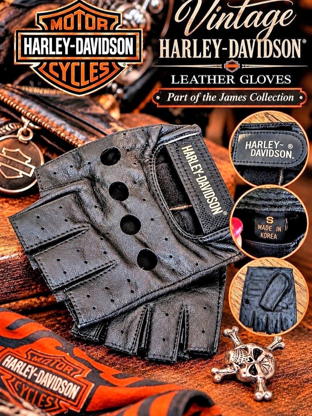 Harley-Davidson James Collection Leather Fingerless Gloves Black Small Like New